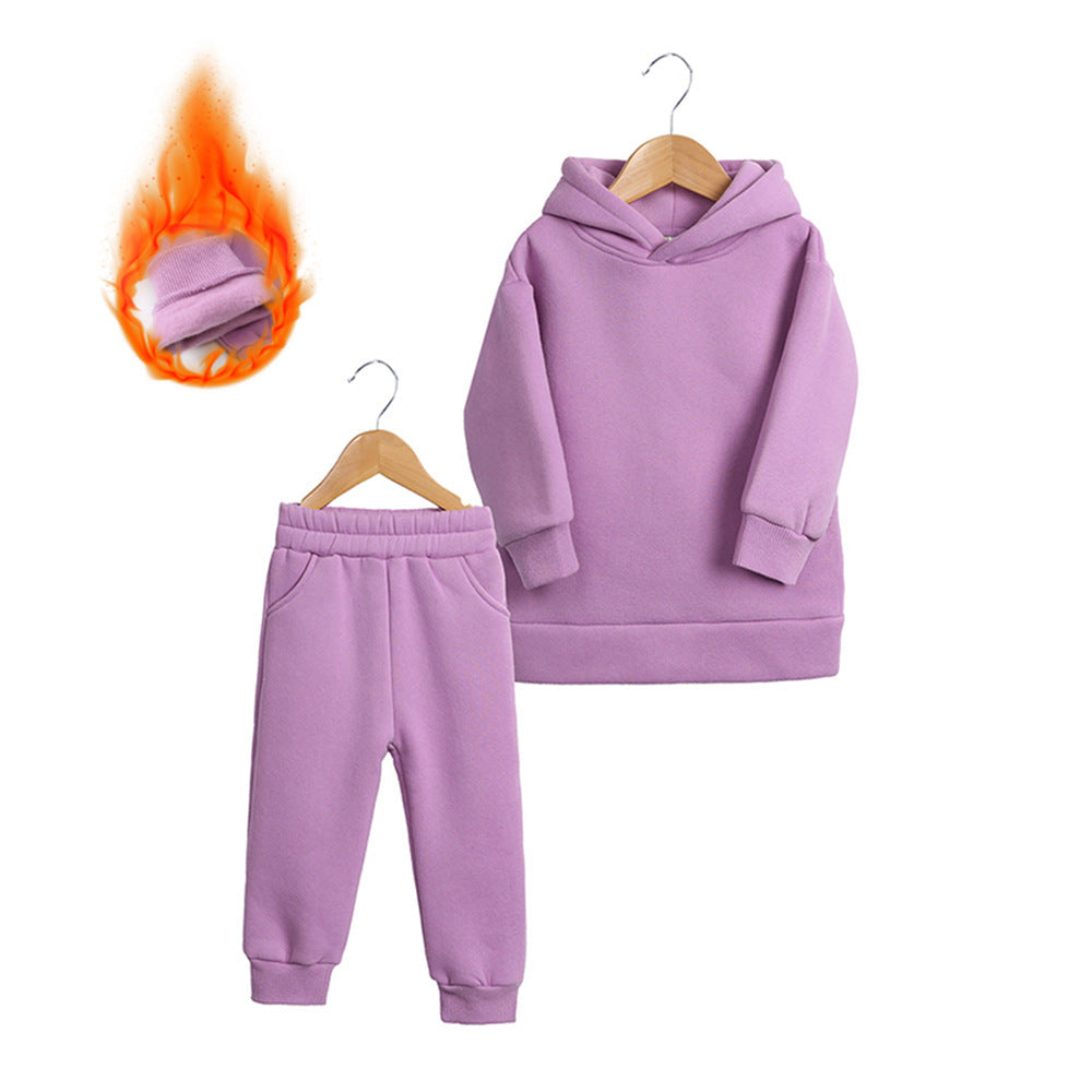 Thick Autumn And Winter Clothes Children's Pullover Hooded Sweater Trousers Two-piece Set