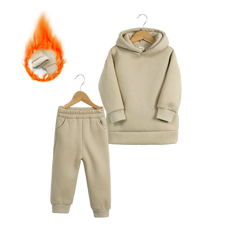 Thick Autumn And Winter Clothes Children's Pullover Hooded Sweater Trousers Two-piece Set