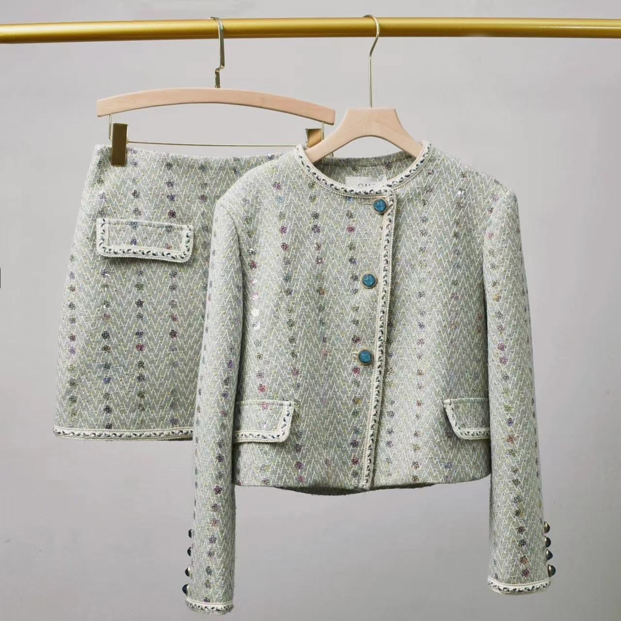 Sequin Embroidery Western Style Socialite Tweed Beaded Short Coat Temperament Two-piece Overskirt Suit