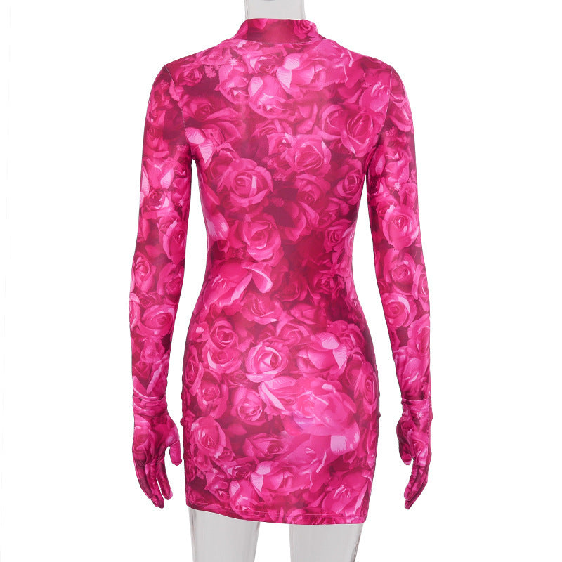 Printed long-sleeved gloved hip dress