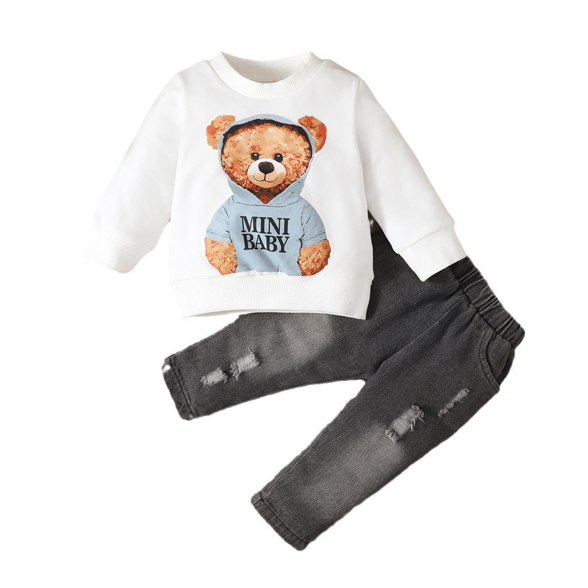 Bear Floral Print Long Sleeve Pullover And Denim Trousers Suit.