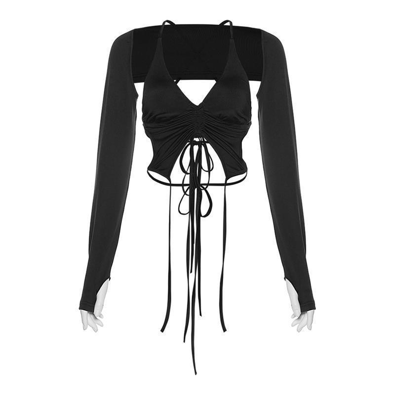 French Hot Girl Style Sexy Hollow Drawstring Halter Neck