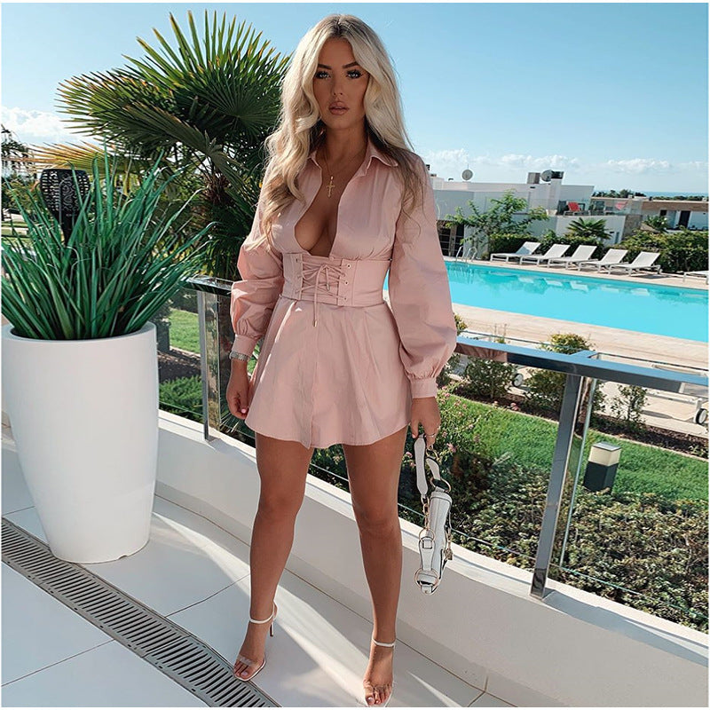 Vintage Deep V Sexy Skinny Pleated Shirt Dress