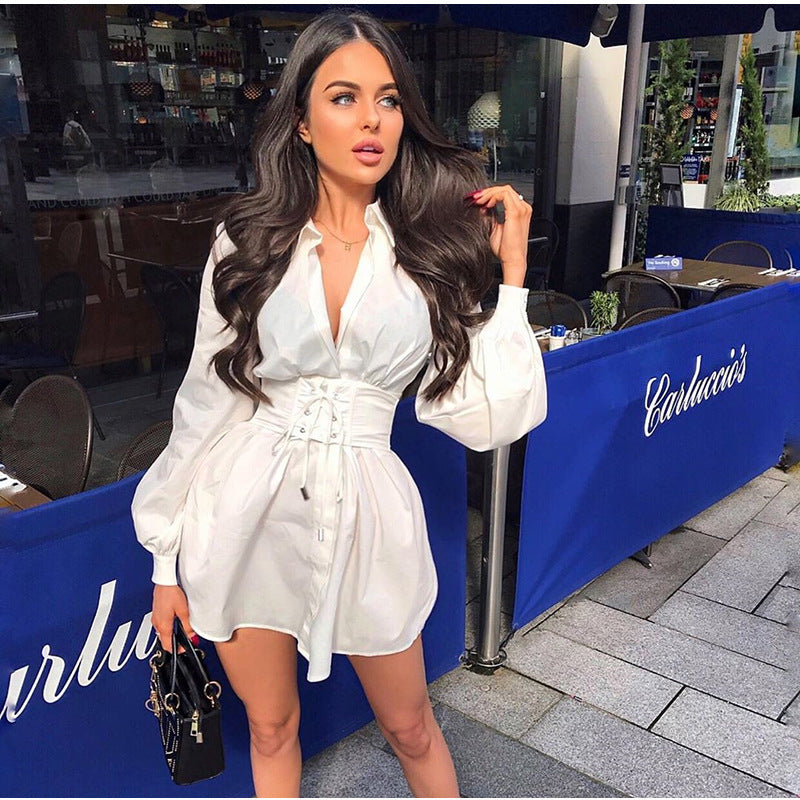 Vintage Deep V Sexy Skinny Pleated Shirt Dress