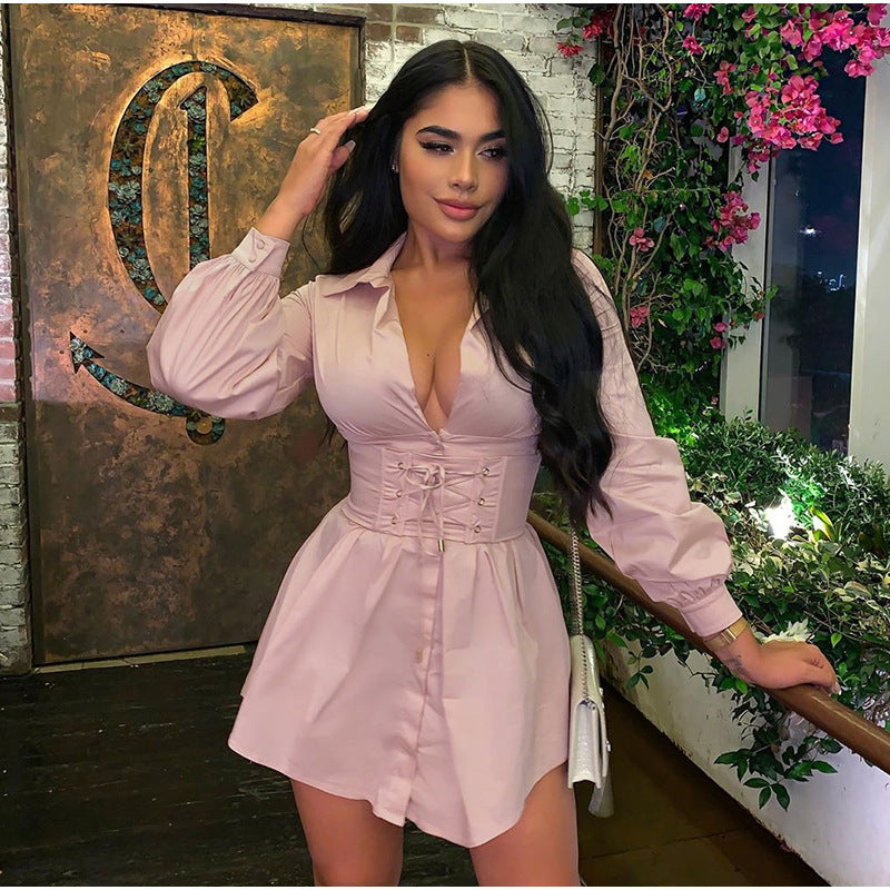 Vintage Deep V Sexy Skinny Pleated Shirt Dress