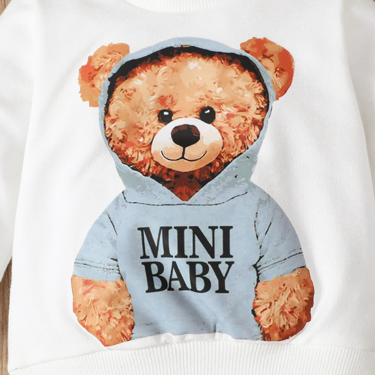 Bear Floral Print Long Sleeve Pullover And Denim Trousers Suit.