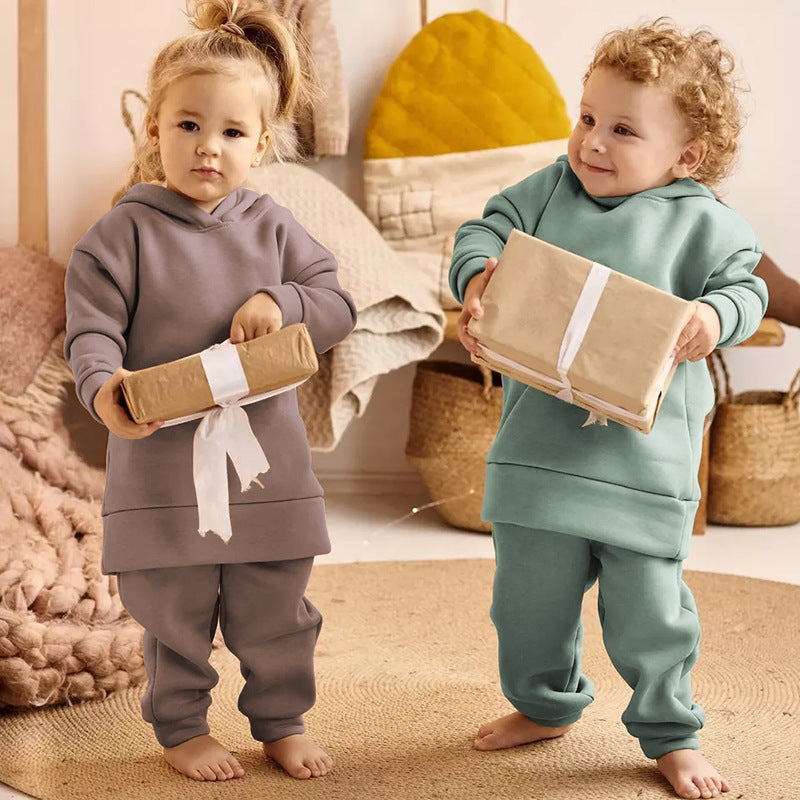 Thick Autumn And Winter Clothes Children's Pullover Hooded Sweater Trousers Two-piece Set