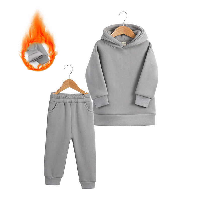 Thick Autumn And Winter Clothes Children's Pullover Hooded Sweater Trousers Two-piece Set