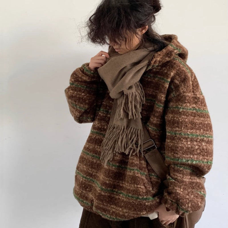 Men's Gradient Woolen Sweater Hooded Vintage Coat