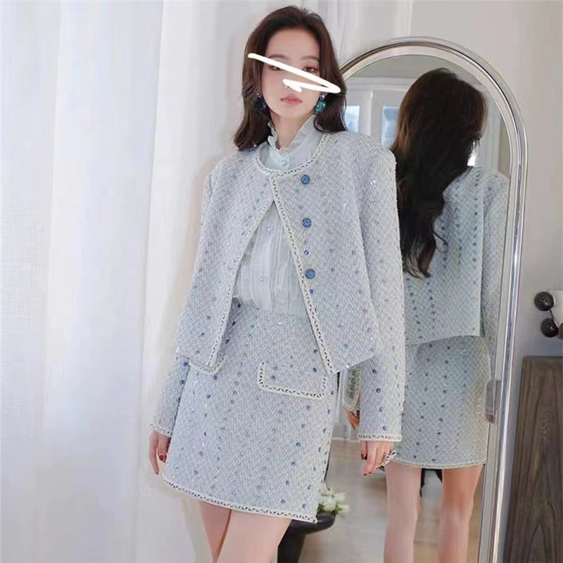 Sequin Embroidery Western Style Socialite Tweed Beaded Short Coat Temperament Two-piece Overskirt Suit