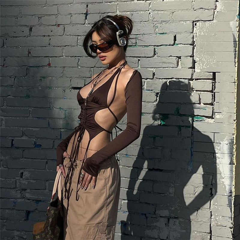 French Hot Girl Style Sexy Hollow Drawstring Halter Neck