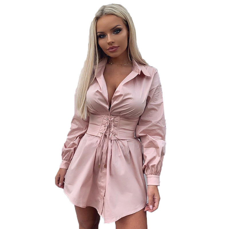 Vintage Deep V Sexy Skinny Pleated Shirt Dress