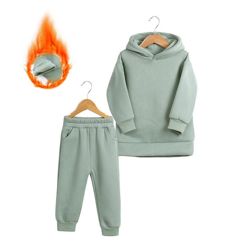 Thick Autumn And Winter Clothes Children's Pullover Hooded Sweater Trousers Two-piece Set