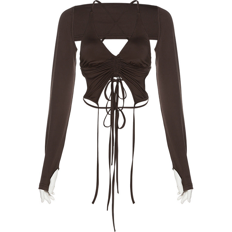 French Hot Girl Style Sexy Hollow Drawstring Halter Neck
