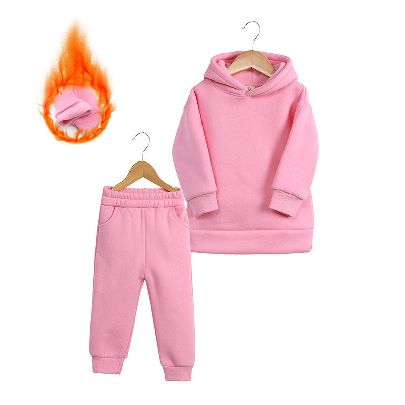 Thick Autumn And Winter Clothes Children's Pullover Hooded Sweater Trousers Two-piece Set