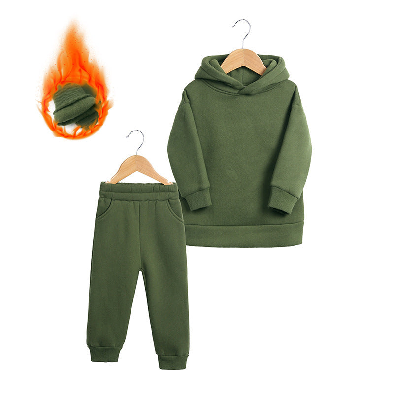 Thick Autumn And Winter Clothes Children's Pullover Hooded Sweater Trousers Two-piece Set