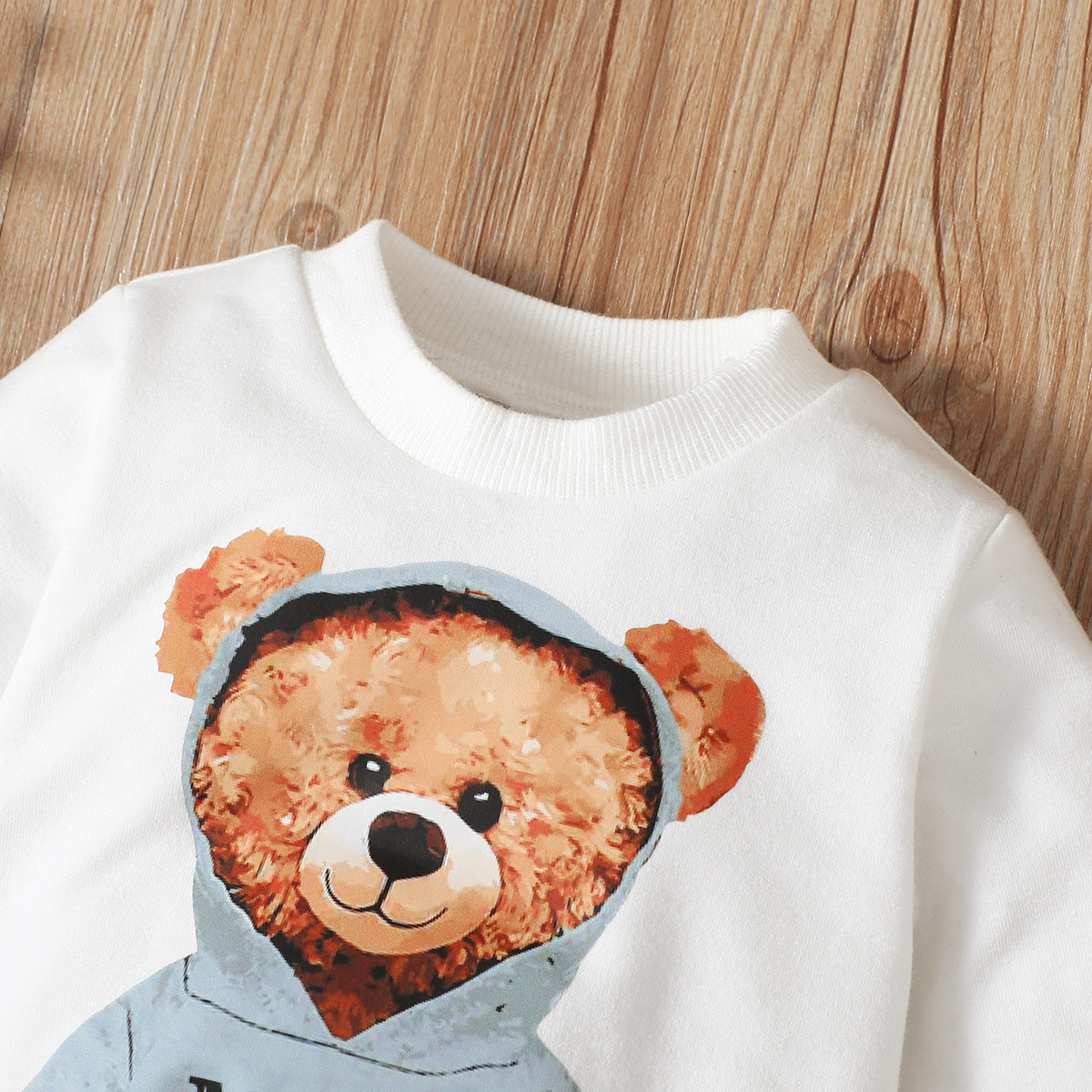 Bear Floral Print Long Sleeve Pullover And Denim Trousers Suit.