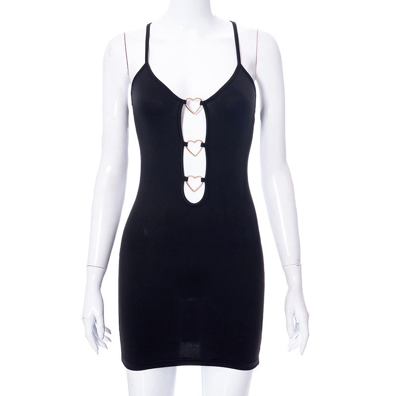 Women's Solid Color Sling Hollow Heart Bag Hip Dress