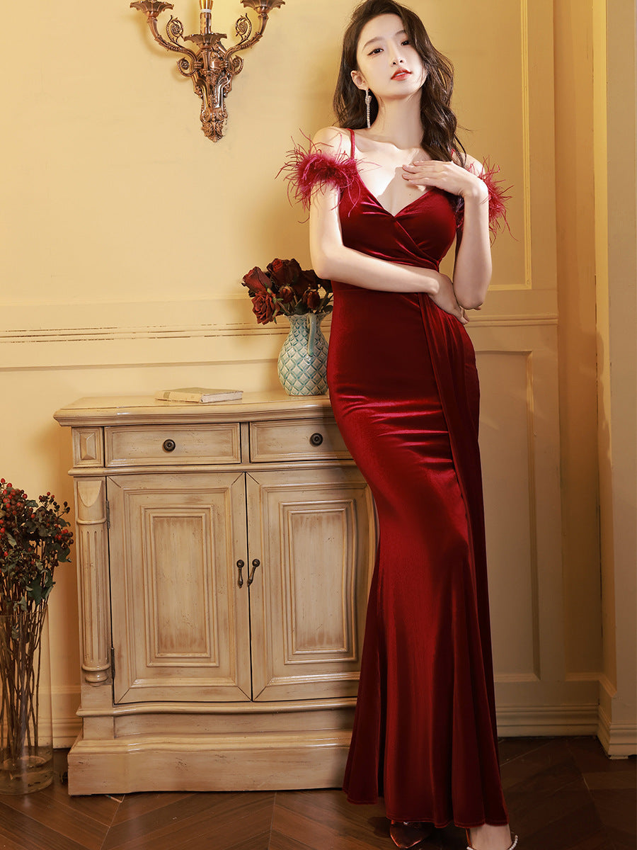 Wine Red Vintage Velvet Dress Winter Suspender Light Luxury Dress