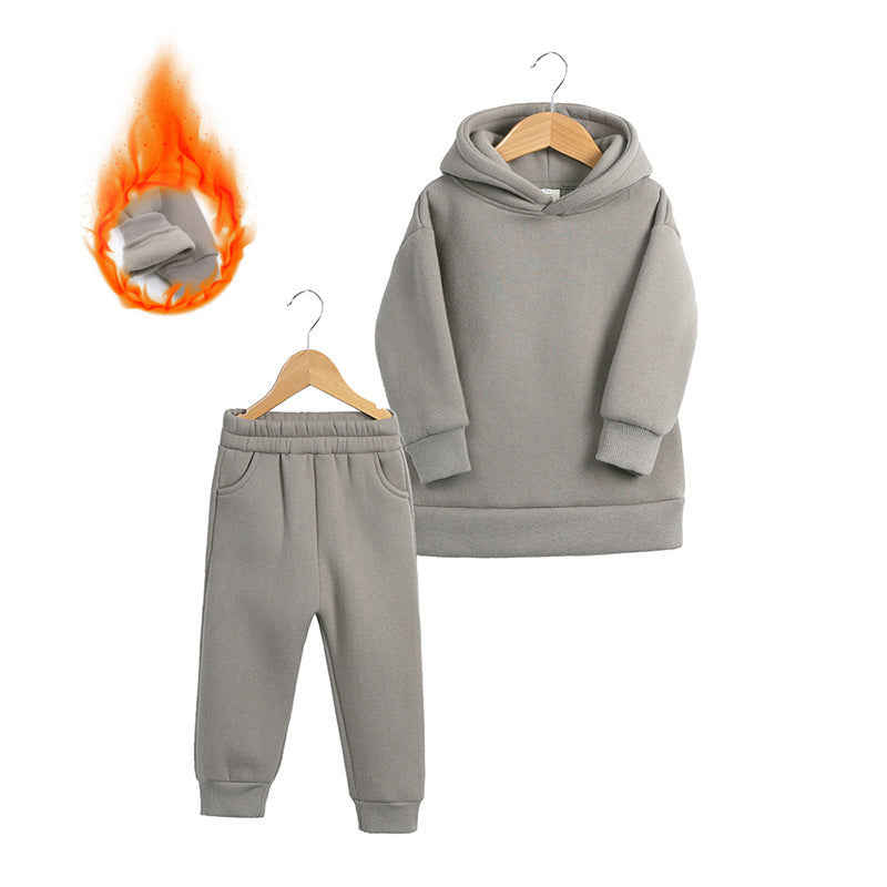 Thick Autumn And Winter Clothes Children's Pullover Hooded Sweater Trousers Two-piece Set