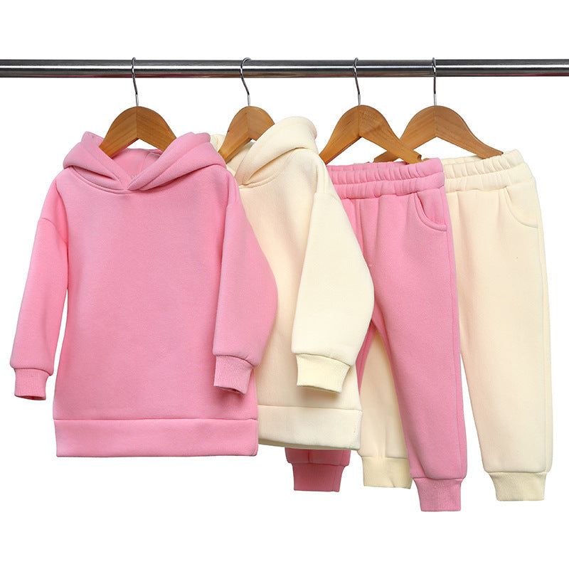 Thick Autumn And Winter Clothes Children's Pullover Hooded Sweater Trousers Two-piece Set