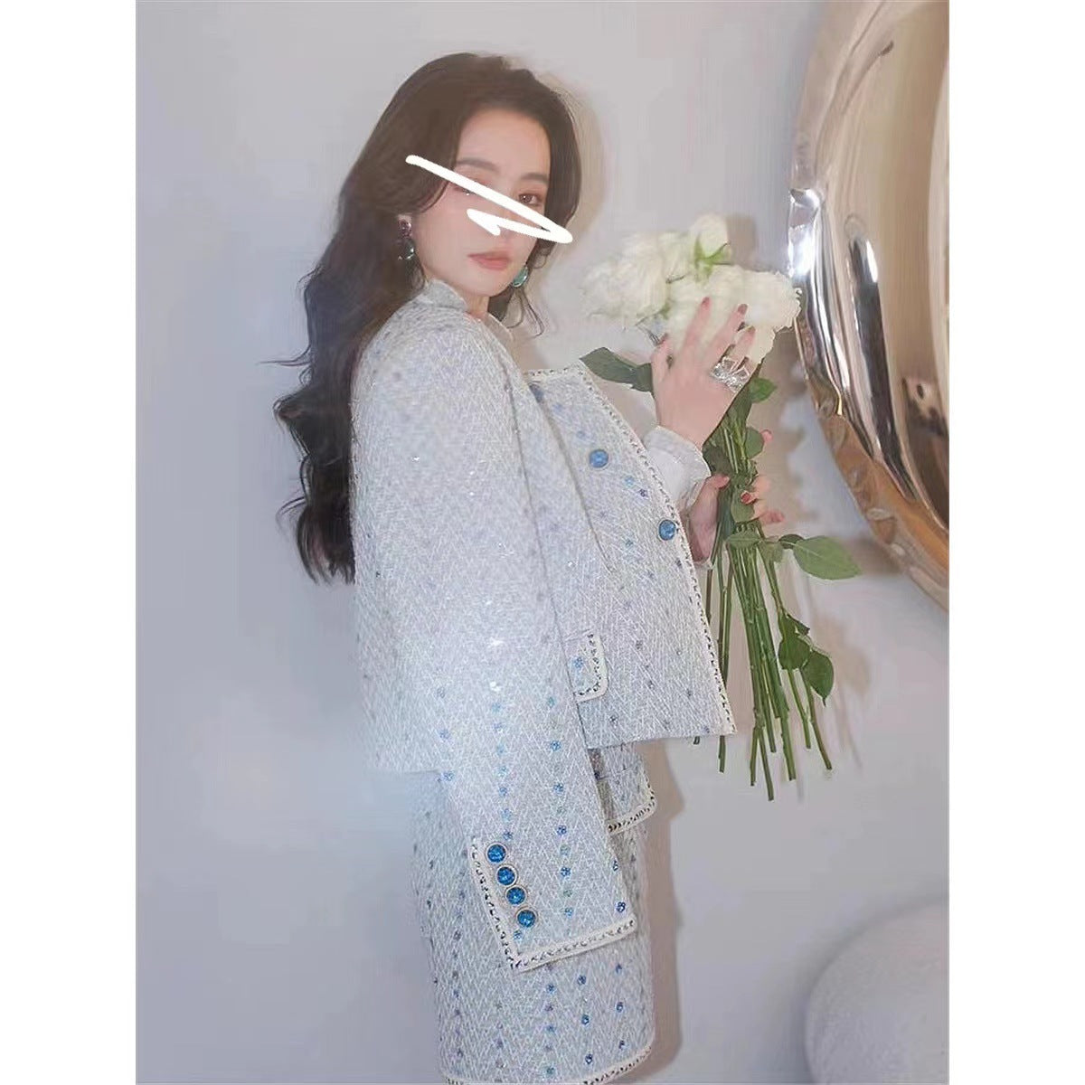 Sequin Embroidery Western Style Socialite Tweed Beaded Short Coat Temperament Two-piece Overskirt Suit