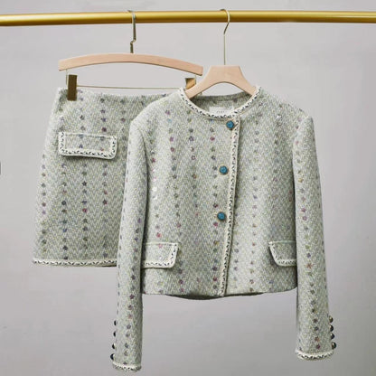 Sequin Embroidery Western Style Socialite Tweed Beaded Short Coat Temperament Two-piece Overskirt Suit