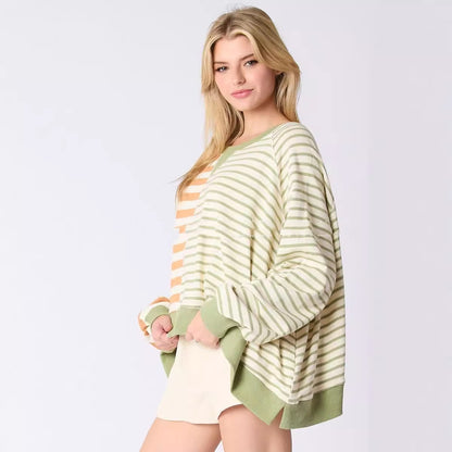 Women's Round Neck Multicolor Striped Long-sleeved Top Sweater