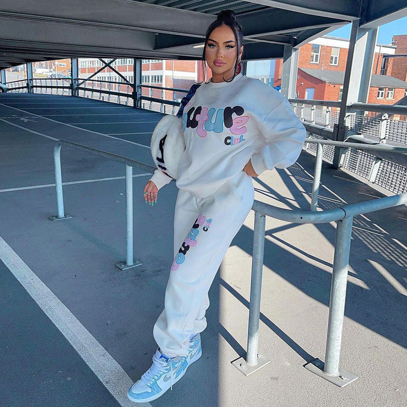 Women's Casual English Alphabet Letters Printed Sweatshirt And Sweatpants Suit