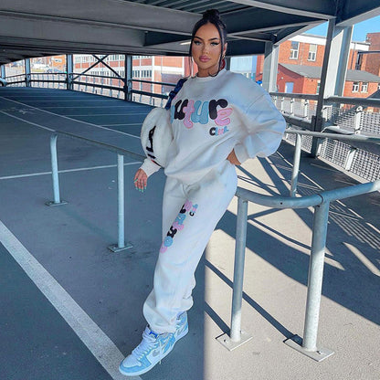 Women's Casual English Alphabet Letters Printed Sweatshirt And Sweatpants Suit
