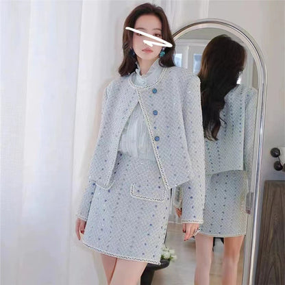 Sequin Embroidery Western Style Socialite Tweed Beaded Short Coat Temperament Two-piece Overskirt Suit