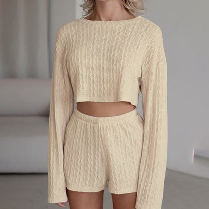 Women's Knitted Comfortable Skin-friendly Long Sleeve Shorts Suit