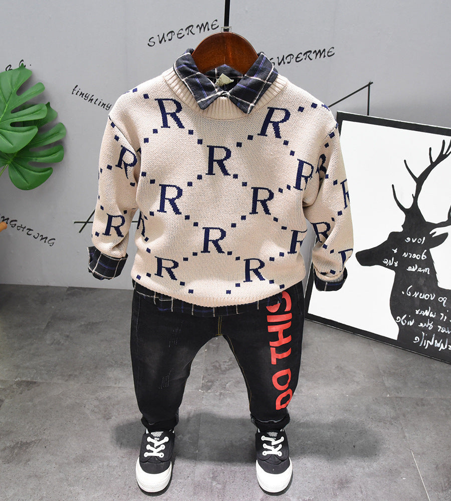 Boys Alphabet Sweater With Shirt Pants Set.