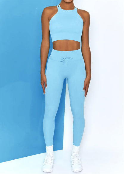 Casual Solid Color Yoga Clothes Suit High Neck Double Shoulder Straps