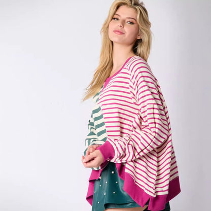 Women's Round Neck Multicolor Striped Long-sleeved Top Sweater
