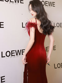 Wine Red Vintage Velvet Dress Winter Suspender Light Luxury Dress