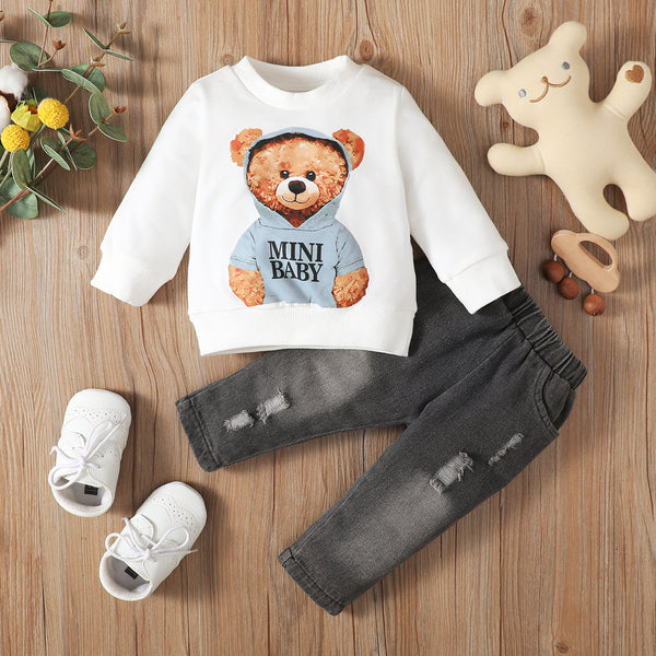 Bear Floral Print Long Sleeve Pullover And Denim Trousers Suit.