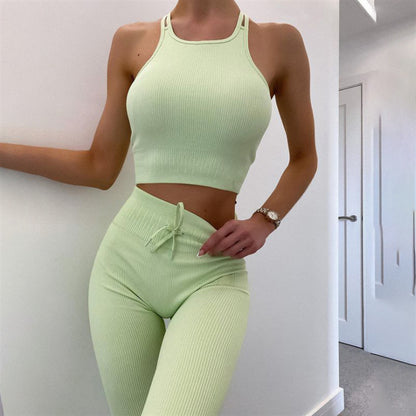 Casual Solid Color Yoga Clothes Suit High Neck Double Shoulder Straps