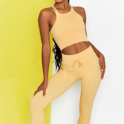 Casual Solid Color Yoga Clothes Suit High Neck Double Shoulder Straps